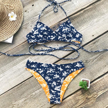 Load image into Gallery viewer, Blue And Yellow Floral Reversible Bikini Set