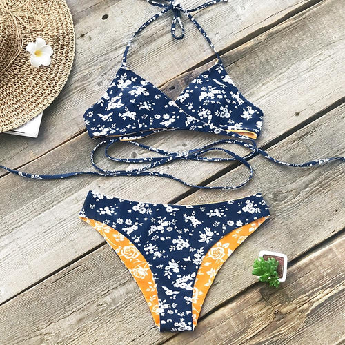 Blue And Yellow Floral Reversible Bikini Set