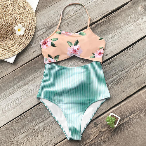 Pink Floral And Green Striped Halter One-piece Swimsuit