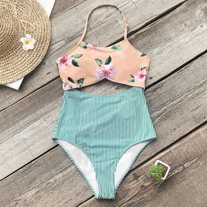 Pink Floral And Green Striped Halter One-piece Swimsuit