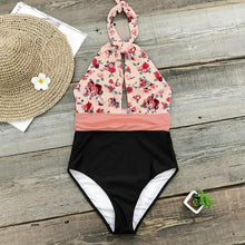 Load image into Gallery viewer, Pink And Black Print Halter One-Piece Swimsuit