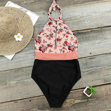 Load image into Gallery viewer, Pink And Black Print Halter One-Piece Swimsuit