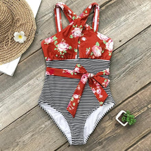 Load image into Gallery viewer, Red Floral And Stripe Belted One-Piece Swimsuit