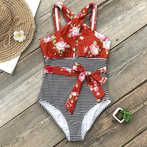 Red Floral And Stripe Belted One-Piece Swimsuit