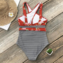 Load image into Gallery viewer, Red Floral And Stripe Belted One-Piece Swimsuit