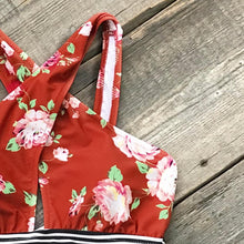 Load image into Gallery viewer, Red Floral And Stripe Belted One-Piece Swimsuit