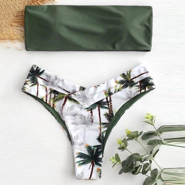 Palm Tree Print Bandeau Bikini Set