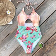 Load image into Gallery viewer, Orange Striped And Floral Halter One-piece Swimsuit