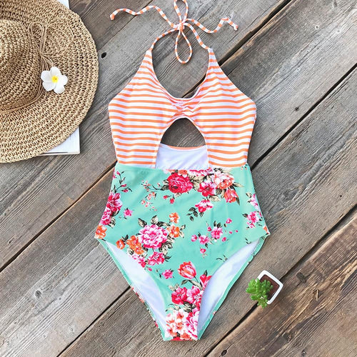 Orange Striped And Floral Halter One-piece Swimsuit