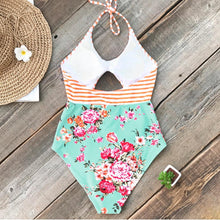 Load image into Gallery viewer, Orange Striped And Floral Halter One-piece Swimsuit