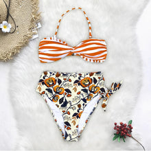 Load image into Gallery viewer, Orange Striped And Floral High-waist Bikini Set