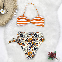 Load image into Gallery viewer, Orange Striped And Floral High-waist Bikini Set