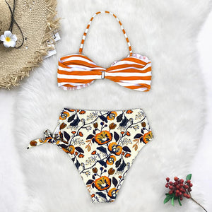 Orange Striped And Floral High-waist Bikini Set