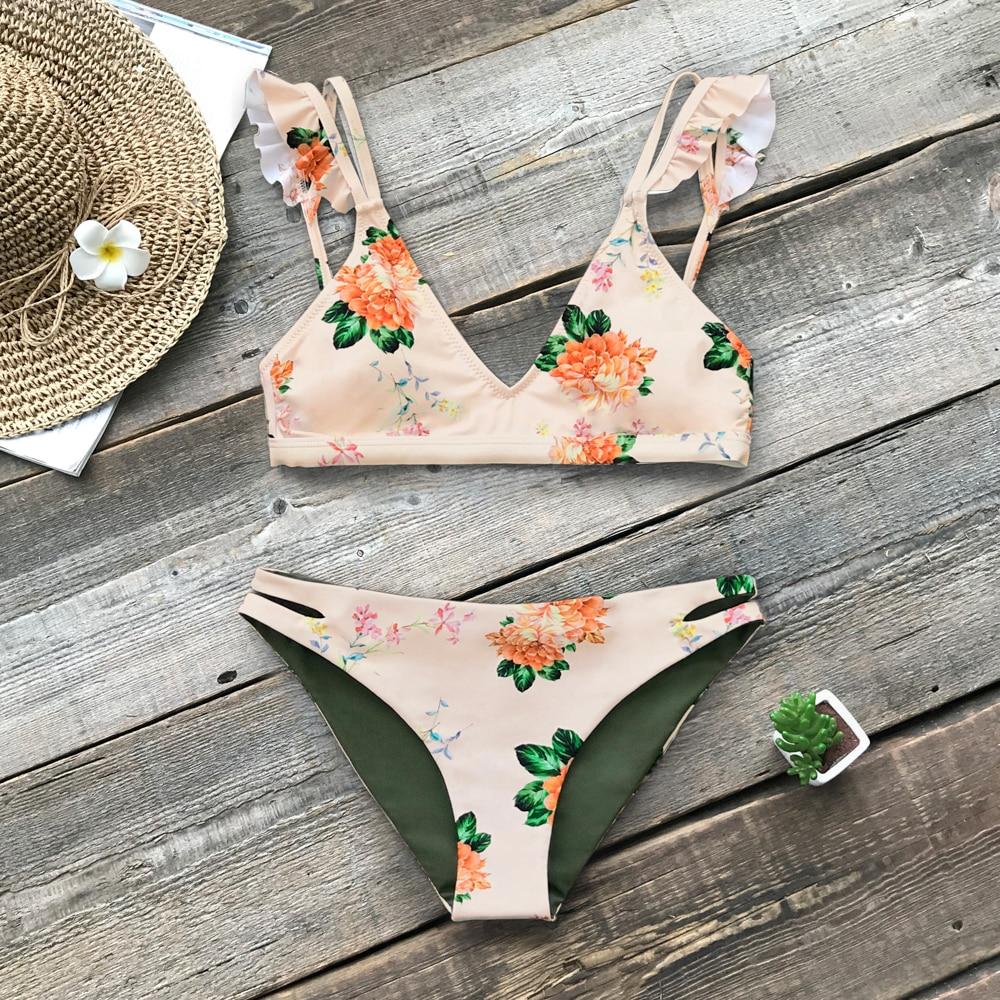 Floral Print Ruffle Bikini Set