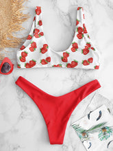 Load image into Gallery viewer, Strawberry Print Red and White Knot Front Two Piece Bikini Set