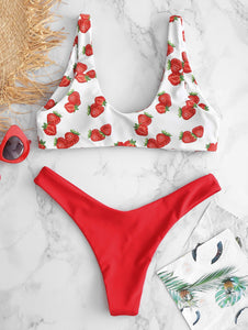 Strawberry Print Red and White Knot Front Two Piece Bikini Set