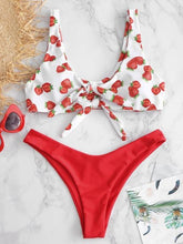 Load image into Gallery viewer, Strawberry Print Red and White Knot Front Two Piece Bikini Set