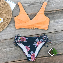 Load image into Gallery viewer, Orange And Purple Floral Lace-Up Bikini Set