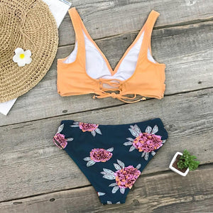 Orange And Purple Floral Lace-Up Bikini Set