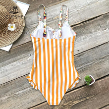 Load image into Gallery viewer, Orange Floral and Stripe Ruffle One - Piece Swimsuit