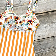 Load image into Gallery viewer, Orange Floral and Stripe Ruffle One - Piece Swimsuit