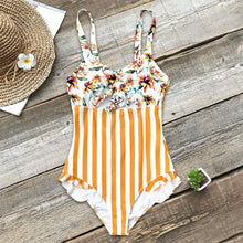 Load image into Gallery viewer, Orange Floral and Stripe Ruffle One - Piece Swimsuit