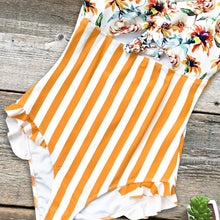 Load image into Gallery viewer, Orange Floral and Stripe Ruffle One - Piece Swimsuit