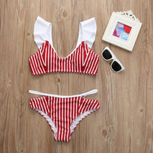 Load image into Gallery viewer, Ruffle Red Cut Out Stripped  Two Piece Bikini Set