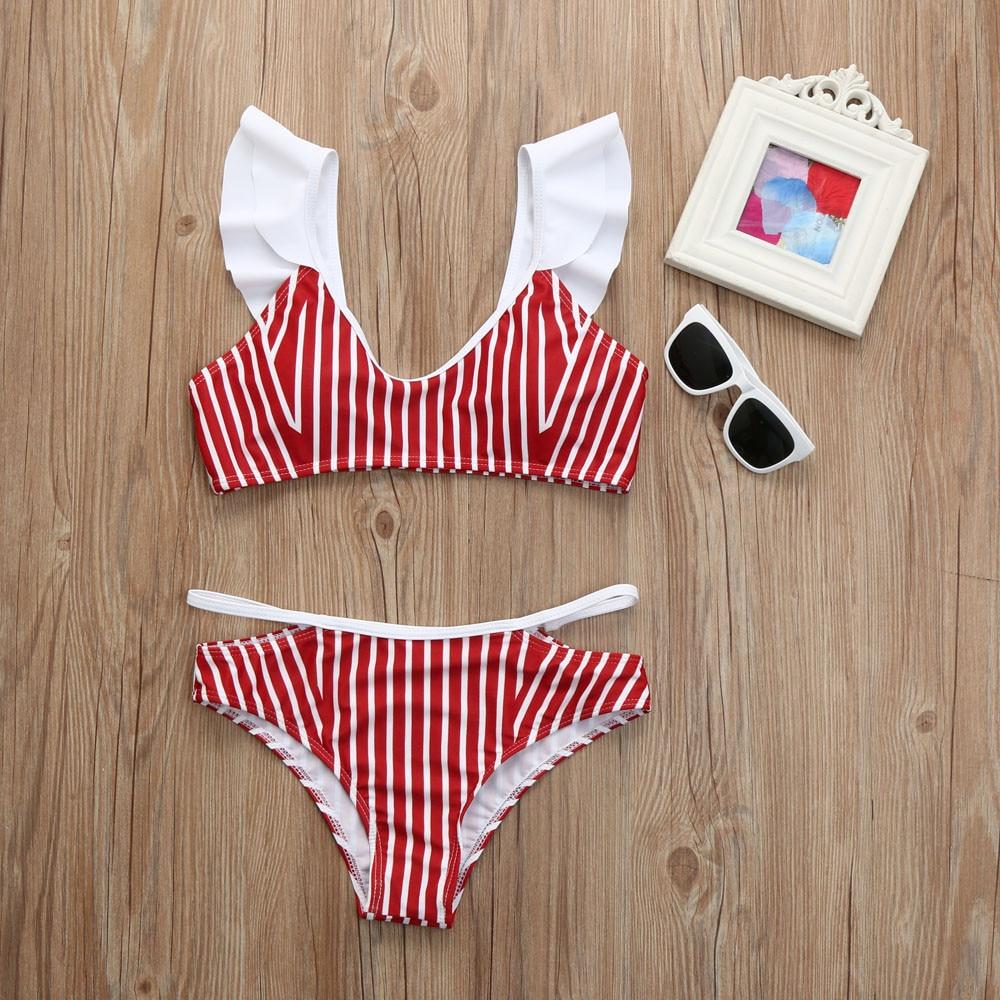 Ruffle Red Cut Out Stripped  Two Piece Bikini Set