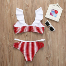 Load image into Gallery viewer, Ruffle Red Cut Out Stripped  Two Piece Bikini Set