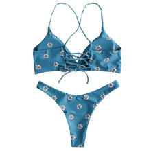 Load image into Gallery viewer, Blue Floral Print Two Piece Bikini Set