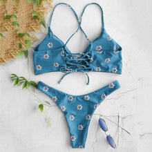 Load image into Gallery viewer, Blue Floral Print Two Piece Bikini Set