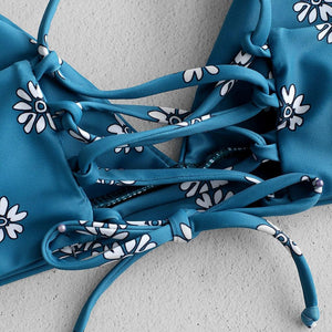 Blue Floral Print Two Piece Bikini Set