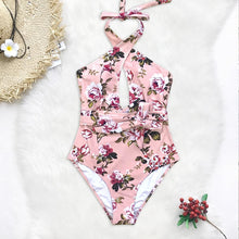 Load image into Gallery viewer, Pink Floral Belted Halter One-Piece Swimsuit