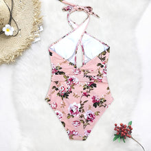 Load image into Gallery viewer, Pink Floral Belted Halter One-Piece Swimsuit