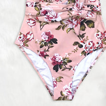 Load image into Gallery viewer, Pink Floral Belted Halter One-Piece Swimsuit