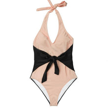 Load image into Gallery viewer, Pink and Black Colorblock Halter One-Piece Swimsuit