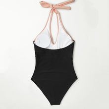 Load image into Gallery viewer, Pink and Black Colorblock Halter One-Piece Swimsuit