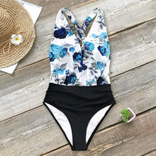 Load image into Gallery viewer, Blue Floral And Black Ruched One-Piece Swimsuit 2019