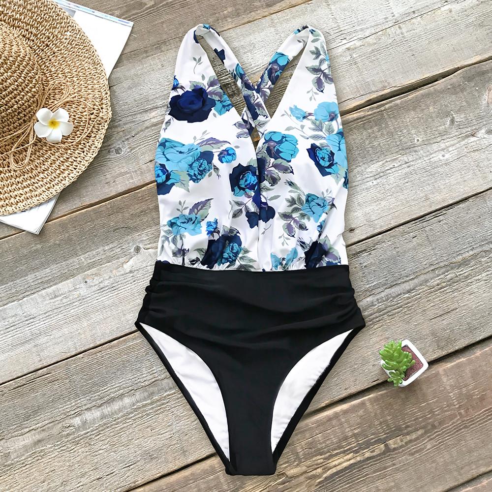 Blue Floral And Black Ruched One-Piece Swimsuit 2019