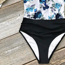 Load image into Gallery viewer, Blue Floral And Black Ruched One-Piece Swimsuit 2019