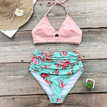 Load image into Gallery viewer, Pink And Floral High-waist Bikini Set