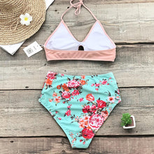 Load image into Gallery viewer, Pink And Floral High-waist Bikini Set