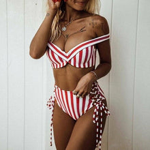 Load image into Gallery viewer, Off Shoulder Striped  Swimwear