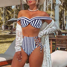 Load image into Gallery viewer, Off Shoulder Striped  Swimwear