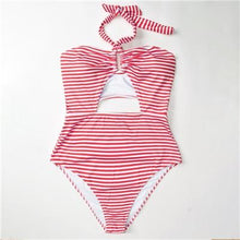 Load image into Gallery viewer, Red And White Stripe Halter One-Piece Swimsuit