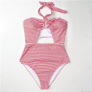 Red And White Stripe Halter One-Piece Swimsuit