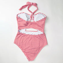 Load image into Gallery viewer, Red And White Stripe Halter One-Piece Swimsuit