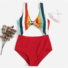 Load image into Gallery viewer, Multicolor Striped Knot Front Cut Out Swimsuit