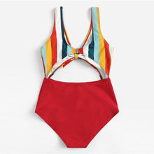 Load image into Gallery viewer, Multicolor Striped Knot Front Cut Out Swimsuit